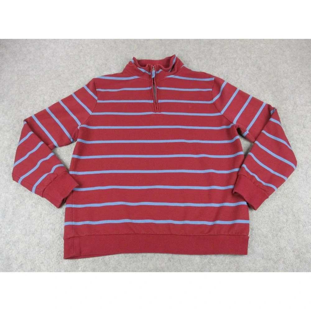 WoolOvers Sweater Men Large Red Blue Striped 1/4 Zip Organic Pullover Sweatshirt